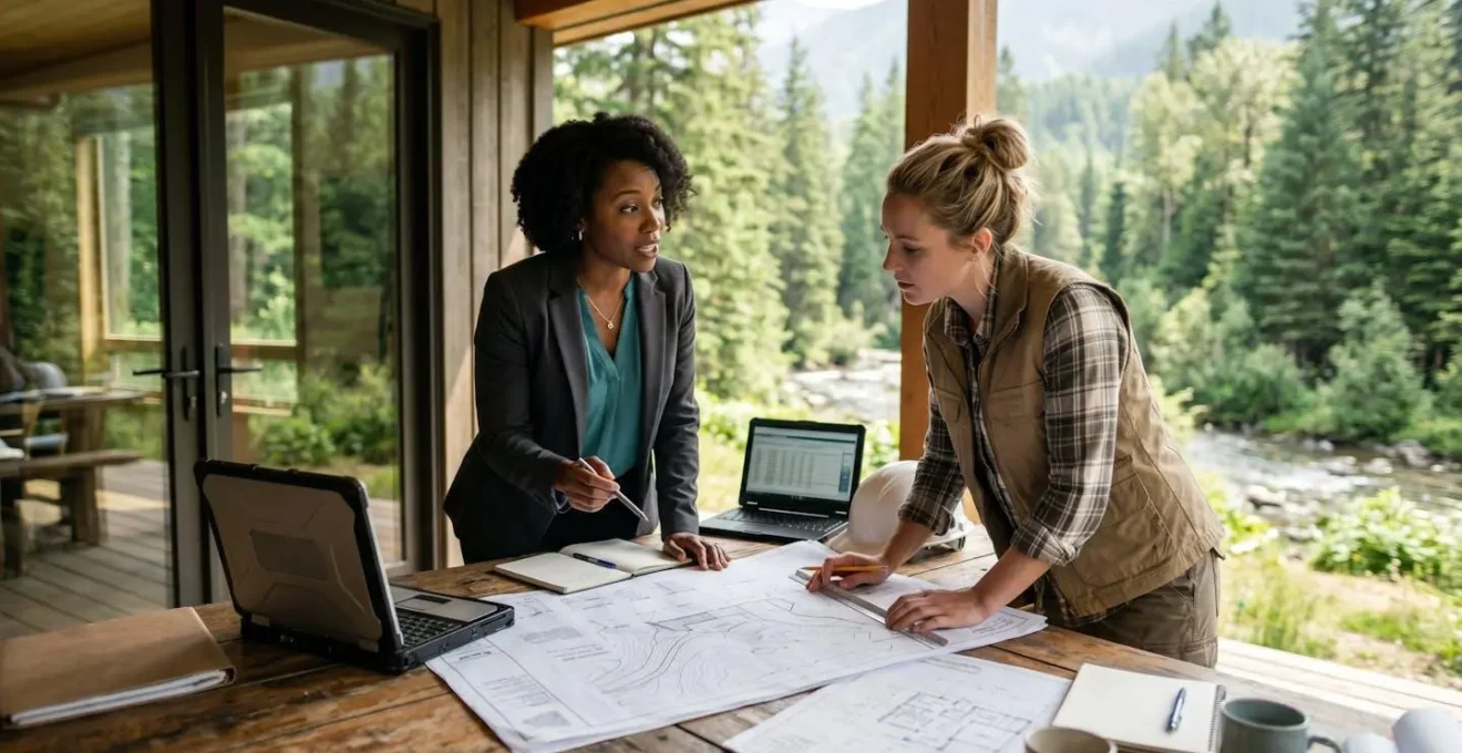 Deux professionnels, un stratège RSE et un ingénieur, collaborant sur des plans techniques avec des éléments naturels en arrière-plan.
