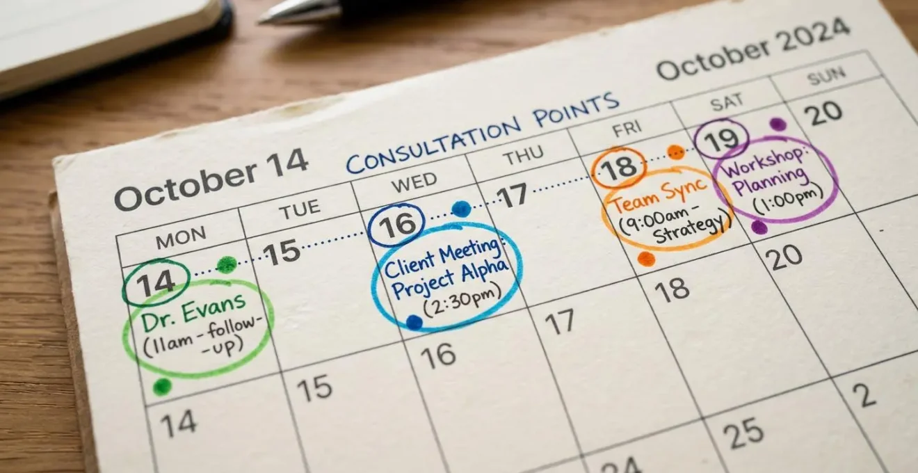 Vue macro d'un calendrier papier avec des marqueurs colorés indiquant les points de consultation espacés dans le temps
