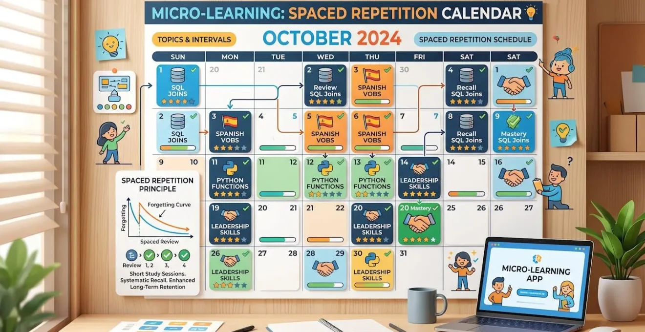 Visualisation d'un calendrier de micro-learning illustrant le principe de la répétition espacée.