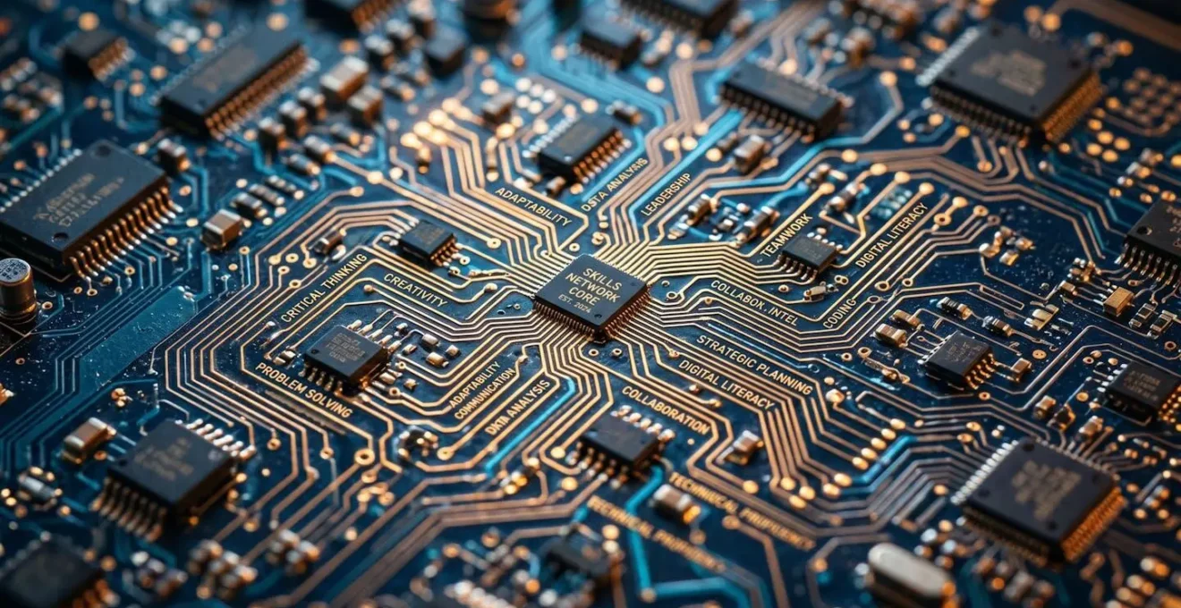 Vue macro de circuits interconnectés symbolisant le réseau de compétences