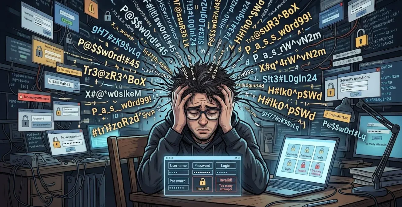 Métaphore visuelle de la surcharge cognitive liée à l'excès de mots de passe complexes à mémoriser.
