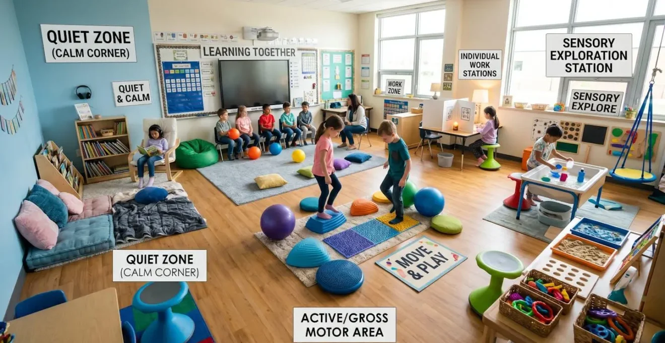 Vue large d'une classe avec différentes zones d'apprentissage aménagées pour répondre aux besoins sensoriels