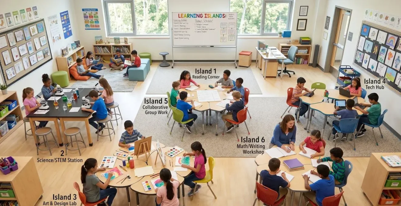 Vue d'ensemble d'une classe organisée en îlots avec différents espaces de travail