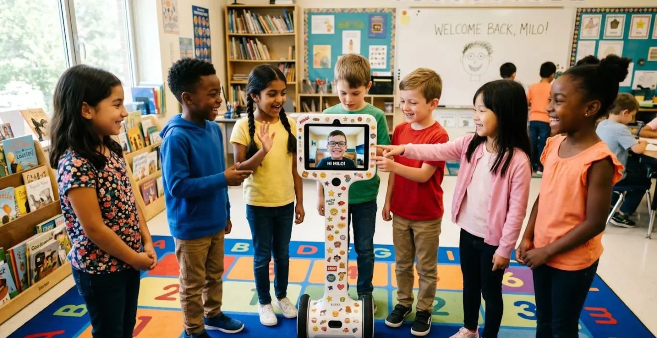 Élèves de primaire en cercle autour d'un robot de téléprésence décoré avec des autocollants colorés