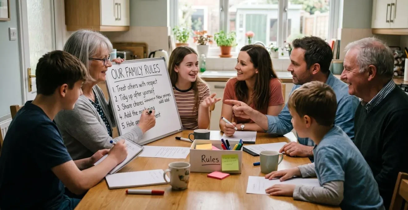 Famille réunie autour d'une table en discussion collaborative sur les règles familiales