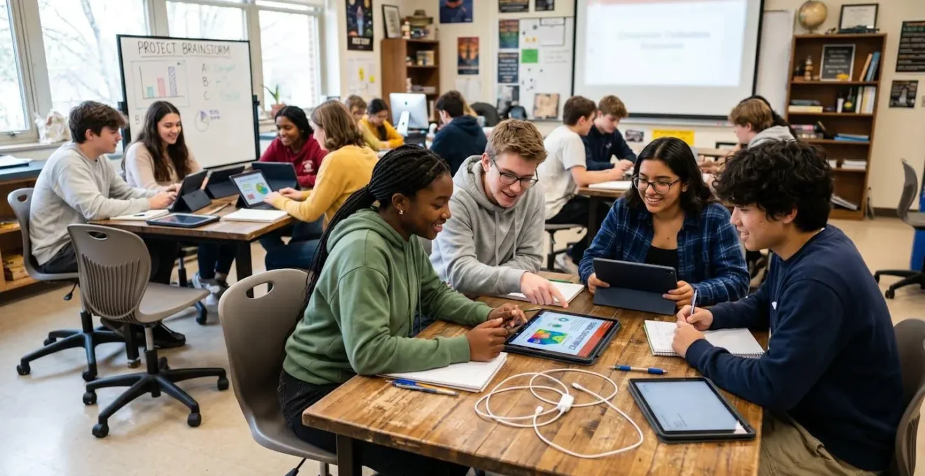 Élèves travaillant en groupe avec des tablettes dans une configuration collaborative