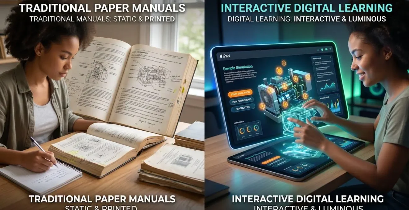 Comparaison visuelle entre des manuels papier traditionnels et des éléments d'apprentissage digital interactifs et lumineux.