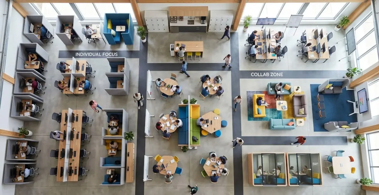 Vue aérienne d'un espace de formation modulaire avec zones distinctes pour travail individuel et collaboratif