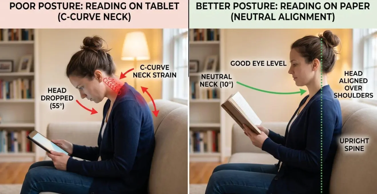 Vue latérale comparative montrant une meilleure posture du cou lors de la lecture sur papier par rapport à une tablette.