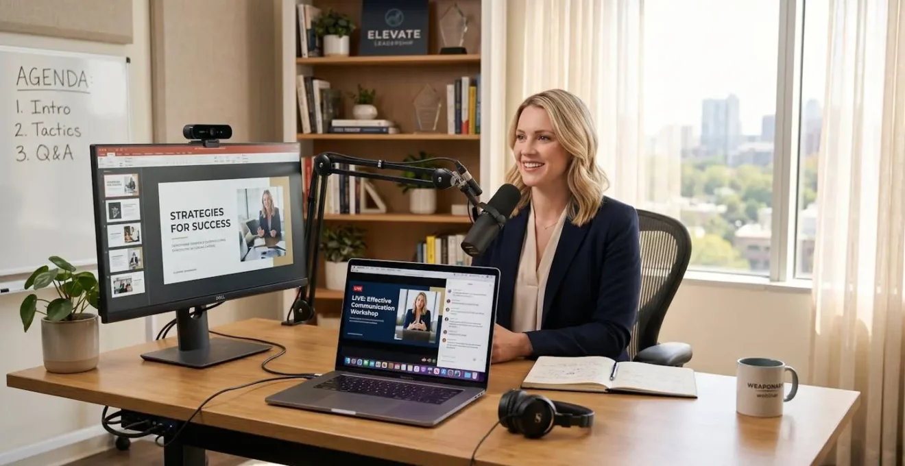 Configuration professionnelle d'un bureau pour webinaire avec éclairage naturel optimisé