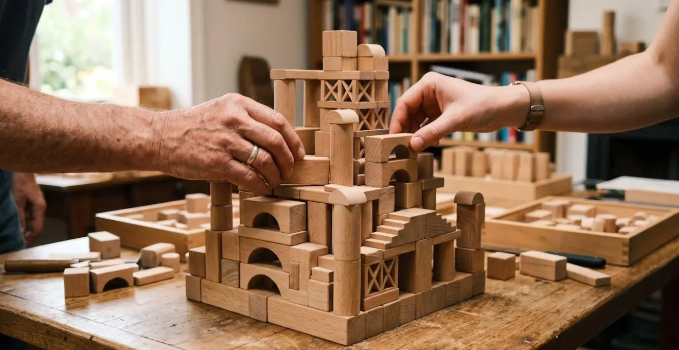 Mains d'adultes construisant ensemble une structure complexe avec des blocs de bois, symbolisant l'apprentissage progressif
