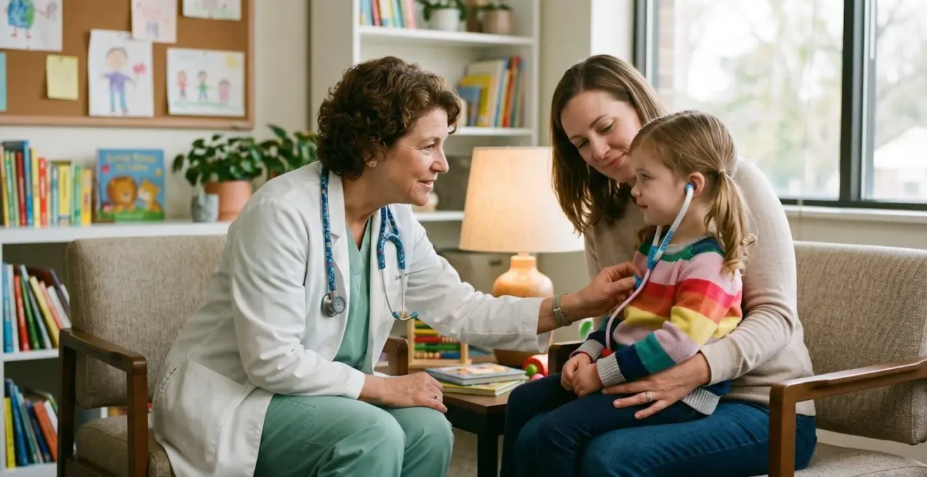 Consultation médicale bienveillante entre pédiatre, enfant et parent