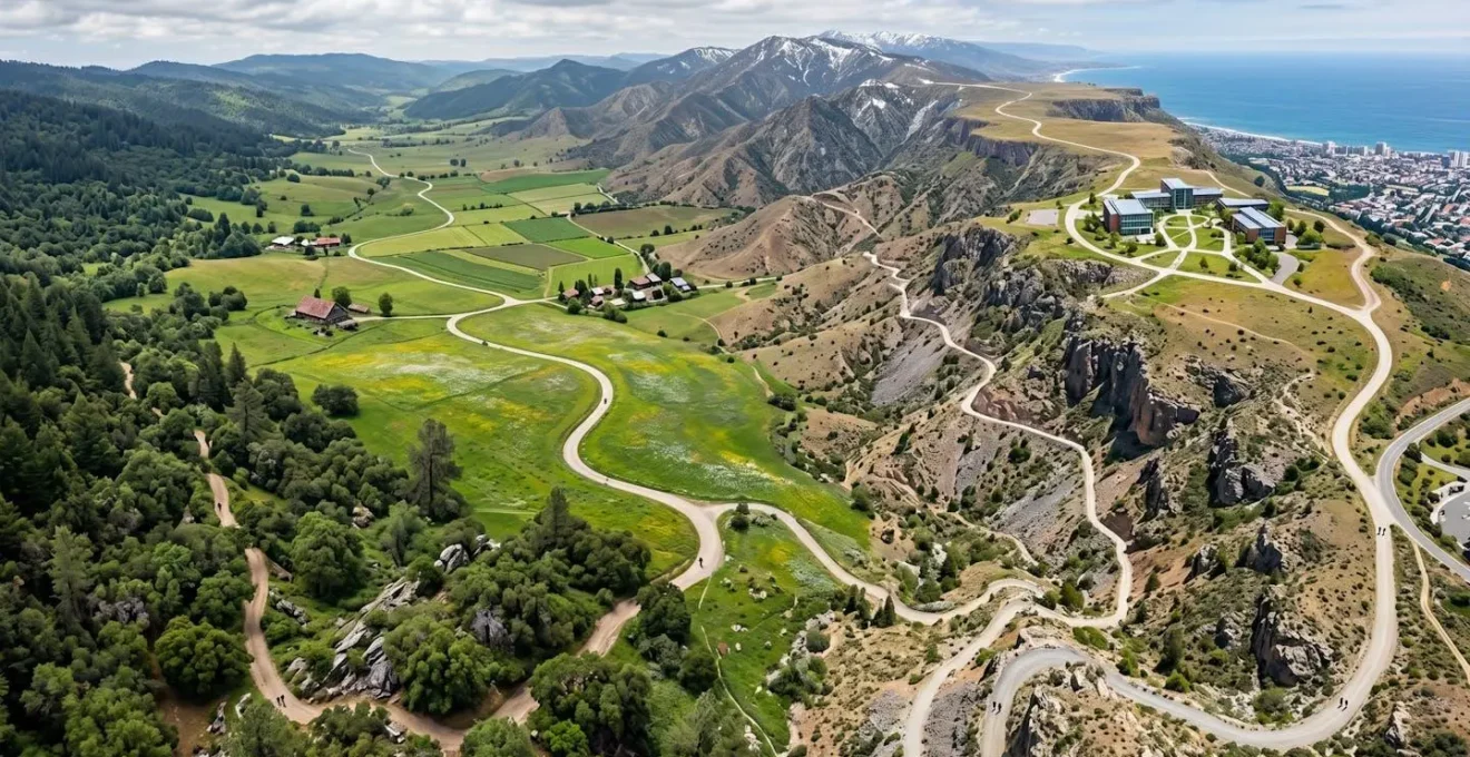 Vue aérienne d'un chemin sinueux traversant différents paysages symbolisant les étapes d'apprentissage