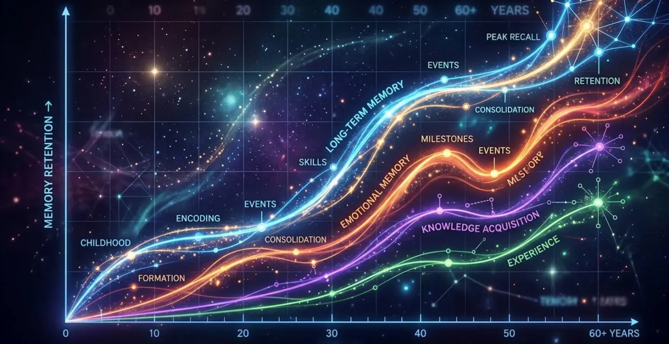 Graphique abstrait représentant la mémorisation dans le temps avec des courbes ascendantes