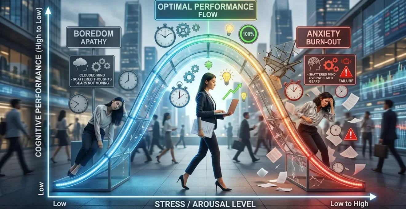 Visualisation métaphorique de la courbe en U inversé du stress sur la performance cognitive