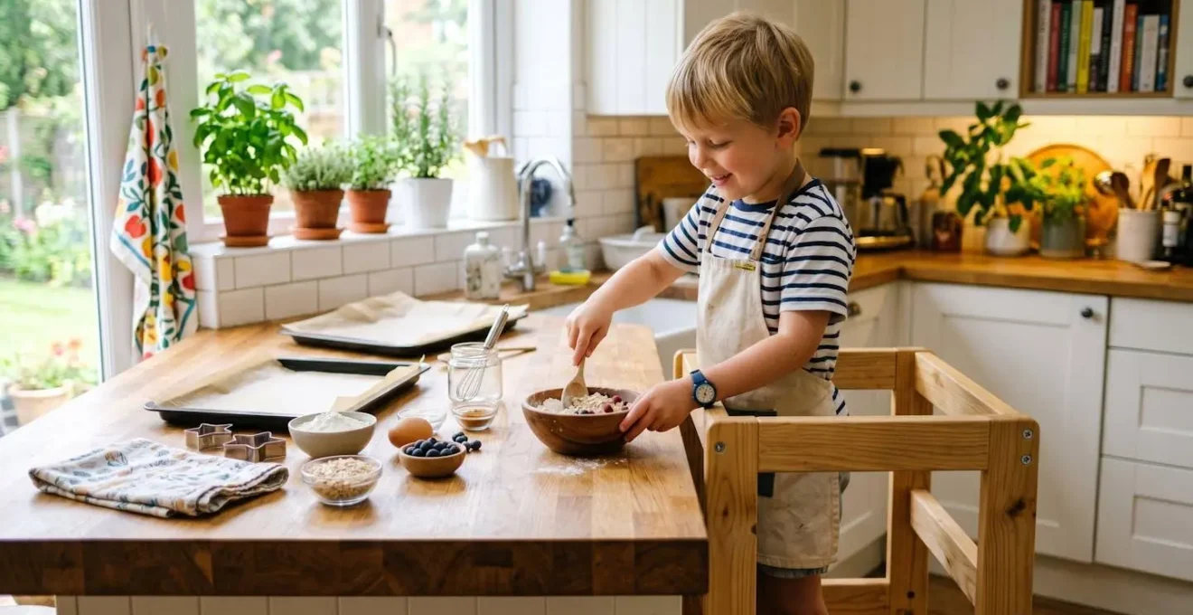 Enfant sur tour d'observation en bois préparant une activité culinaire dans une cuisine lumineuse