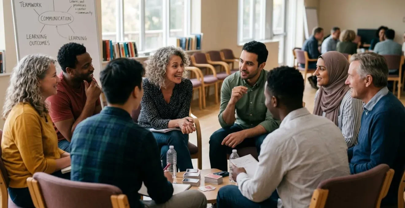 Groupe d'adultes en cercle de discussion après une session de jeu pédagogique