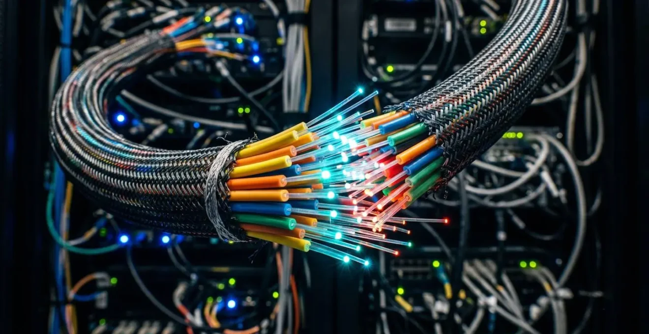Vue macro de fibres optiques ou câbles réseau symbolisant la connectivité numérique