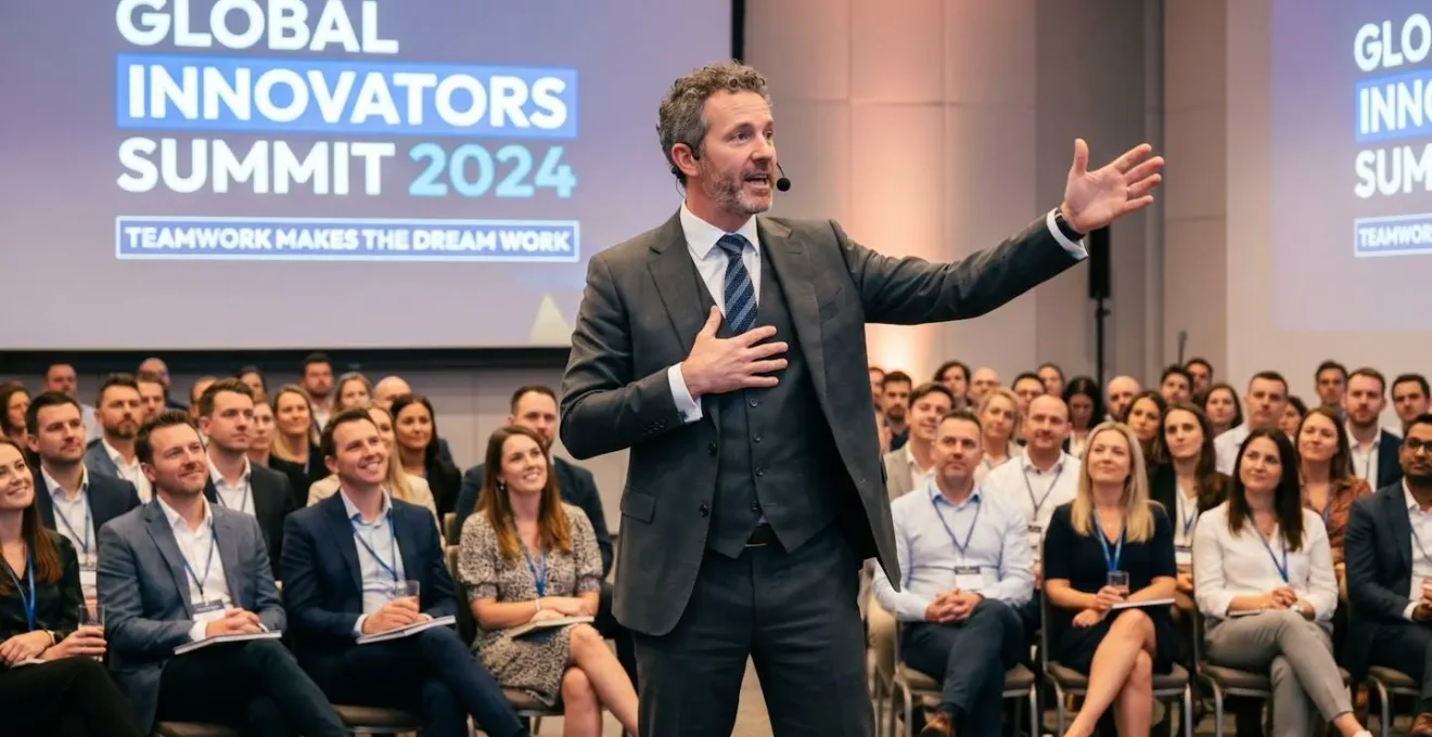 Un dirigeant s'exprimant avec passion devant son équipe lors d'un événement d'entreprise