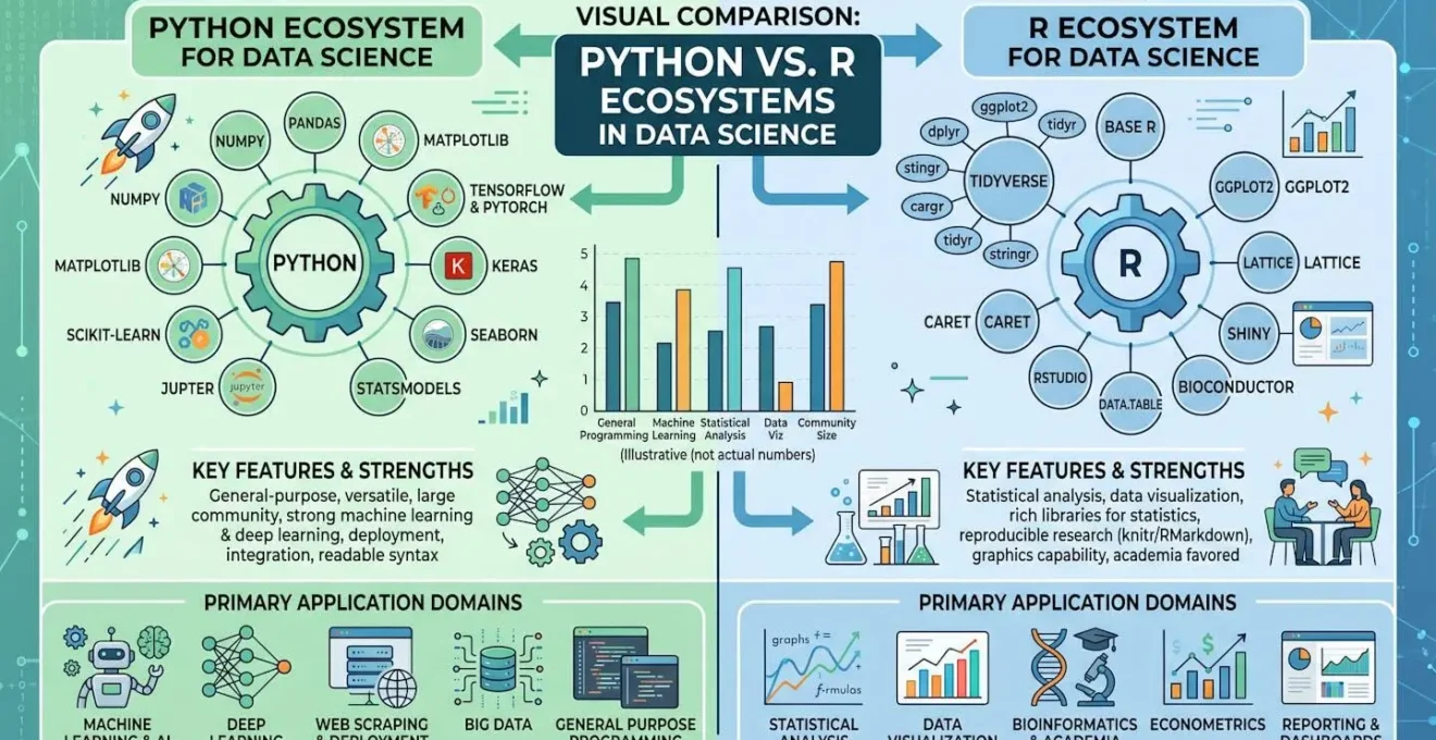 Comparaison visuelle des écosystèmes Python et R en data science avec leurs domaines d'application