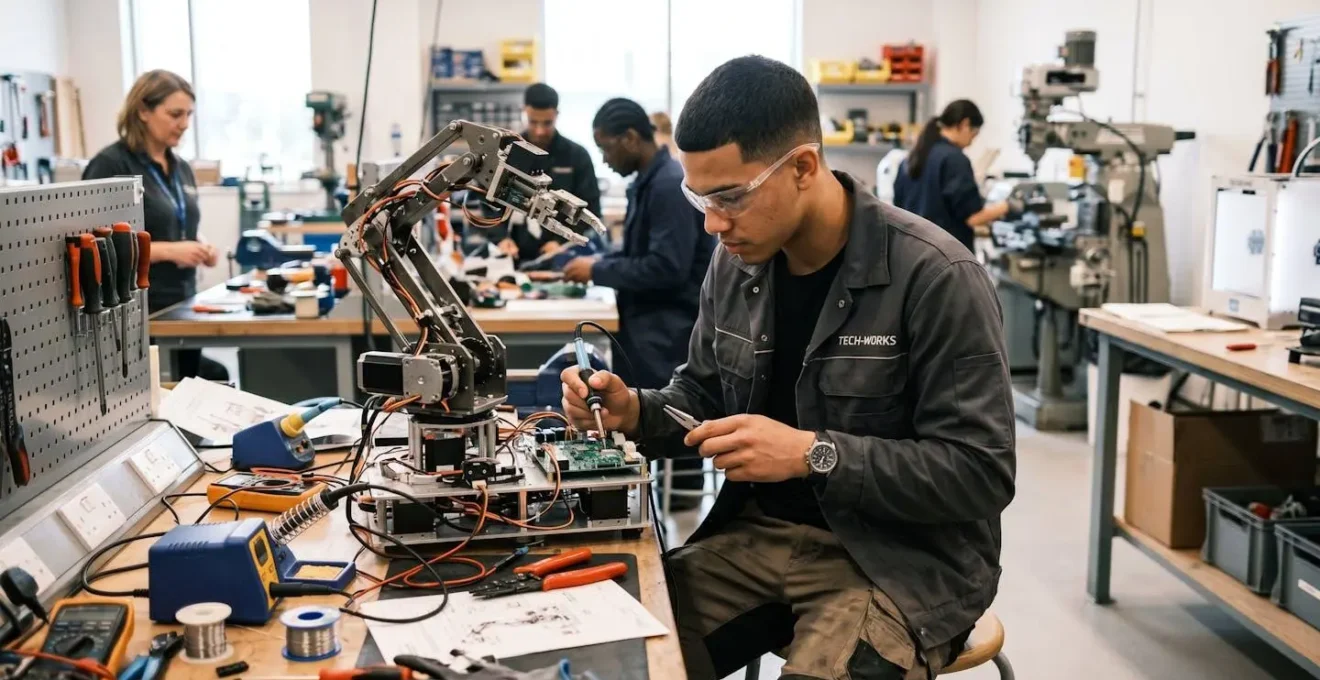 Jeune en formation professionnelle concentré sur un projet technique dans un atelier lumineux