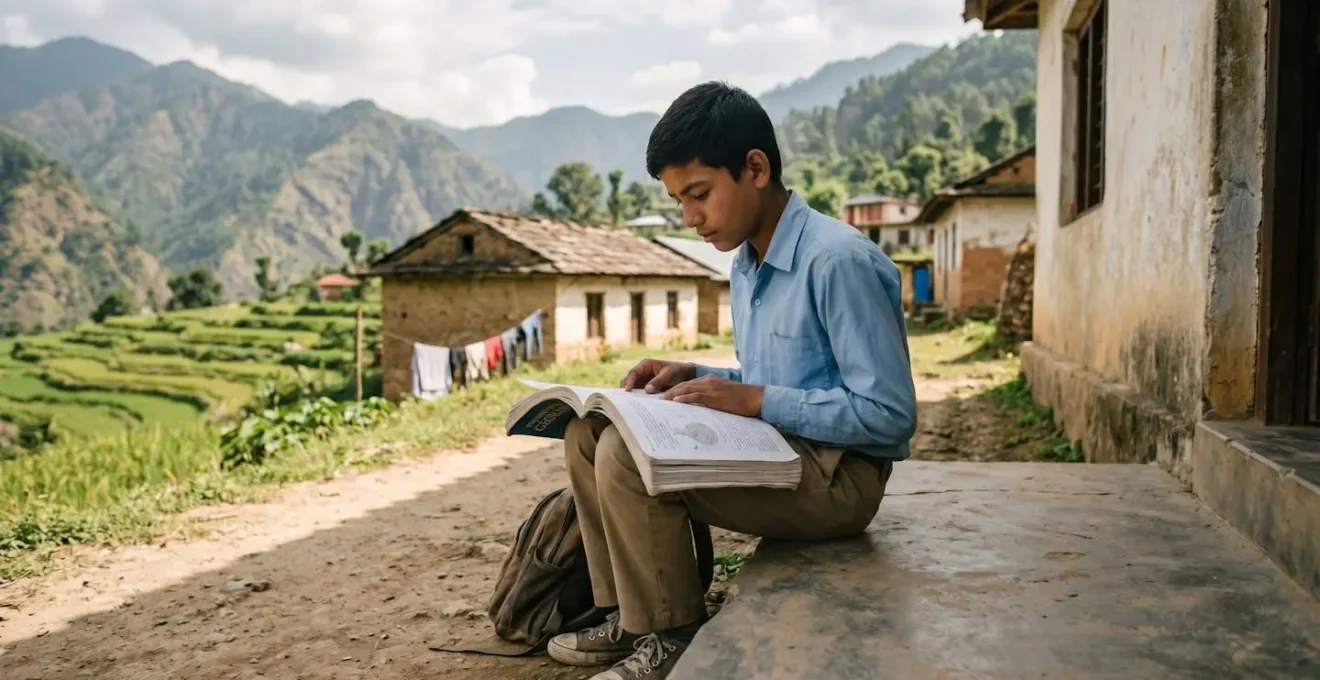Adolescent étudiant avec un manuel papier dans un environnement rural, symbole de la fiabilité du support physique.