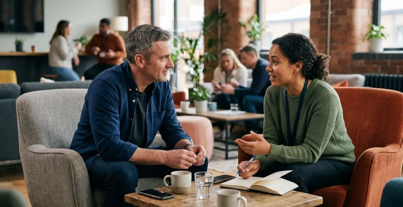 Manager pratiquant l'écoute active avec un collaborateur dans un espace de discussion informel