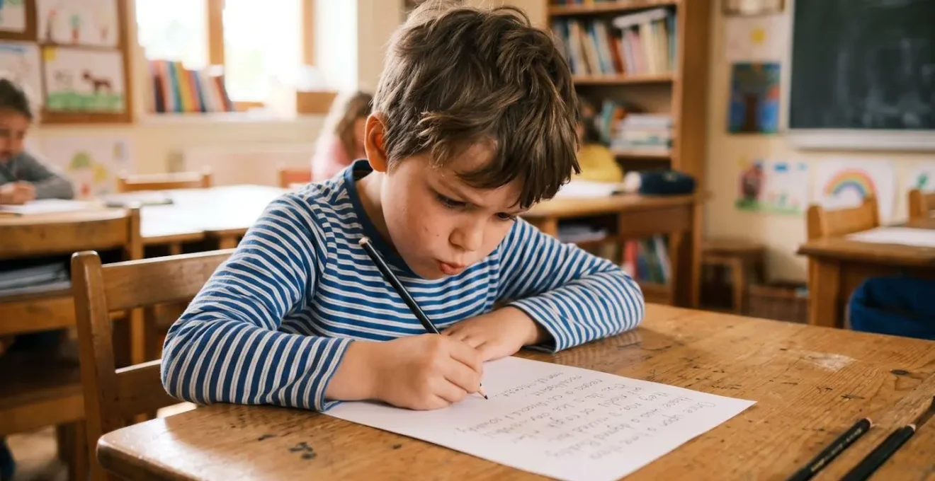 Enfant concentré écrivant de mémoire sur une feuille blanche