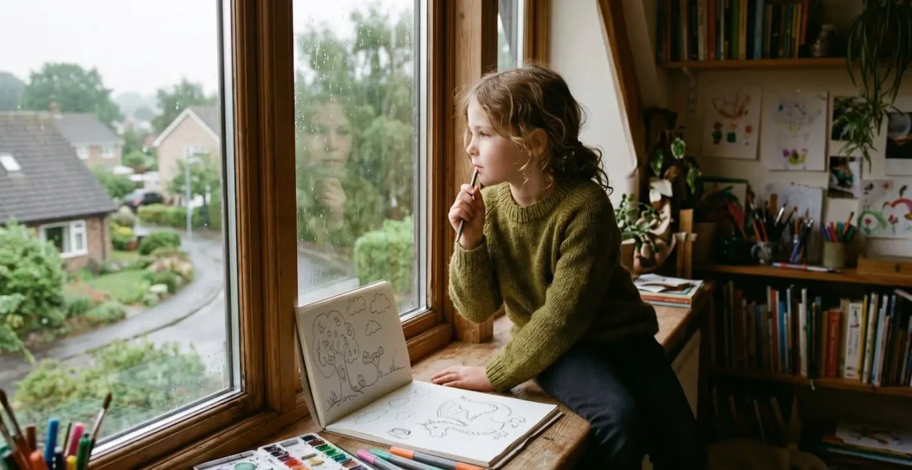 Enfant regardant par la fenêtre dans un moment de contemplation créative