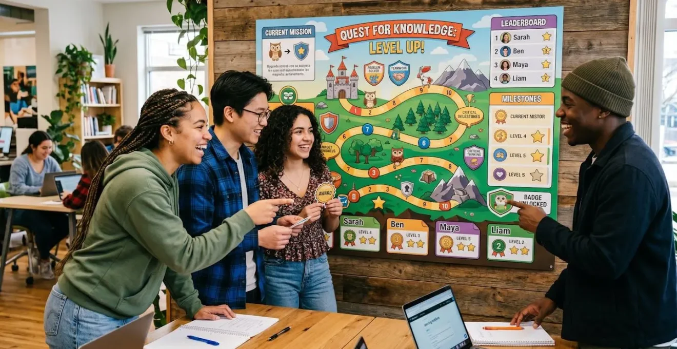 Apprenants collaborant autour d'un tableau de progression gamifié