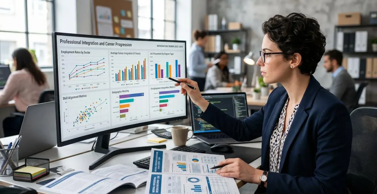 Analyste examinant des graphiques d'insertion professionnelle sur écran avec documents statistiques