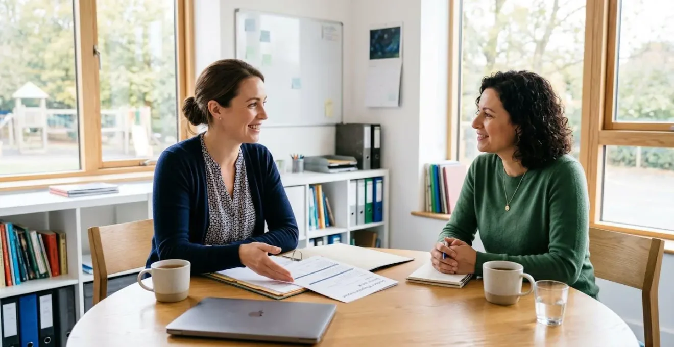 Enseignant et parent en discussion calme autour d'une table dans une salle de réunion lumineuse