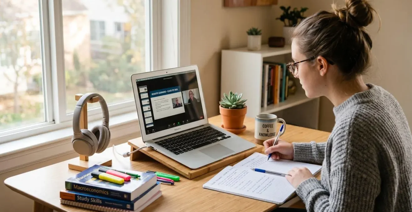 Espace de travail épuré d'un élève en apprentissage à distance avec ordinateur portable et cahier