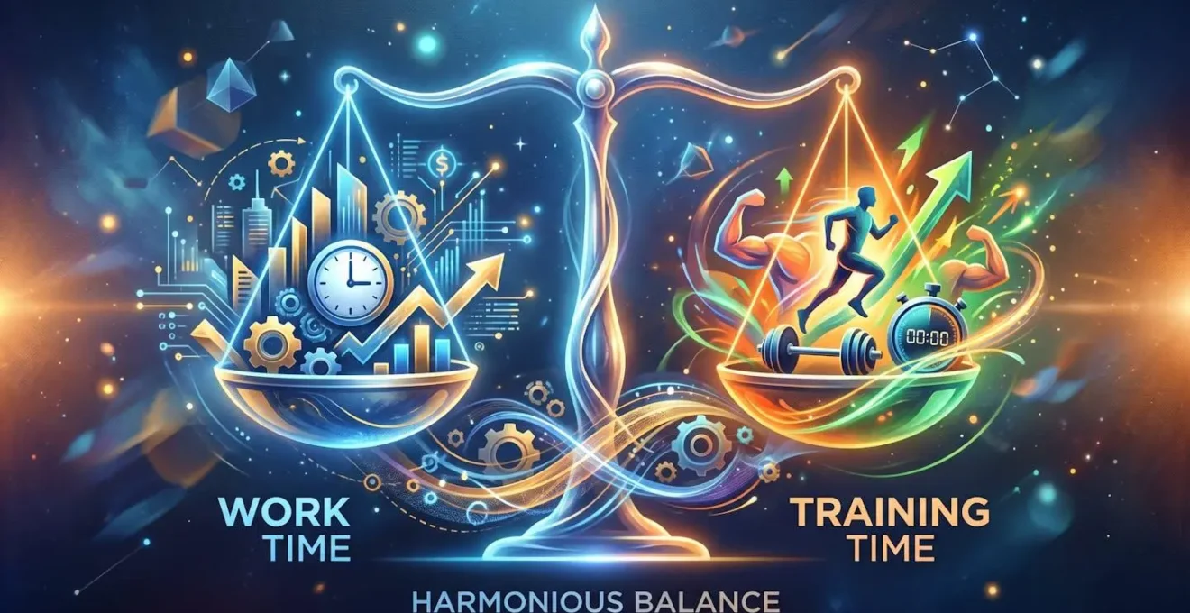 Balance symbolique entre temps de travail et temps de formation avec éléments visuels abstraits