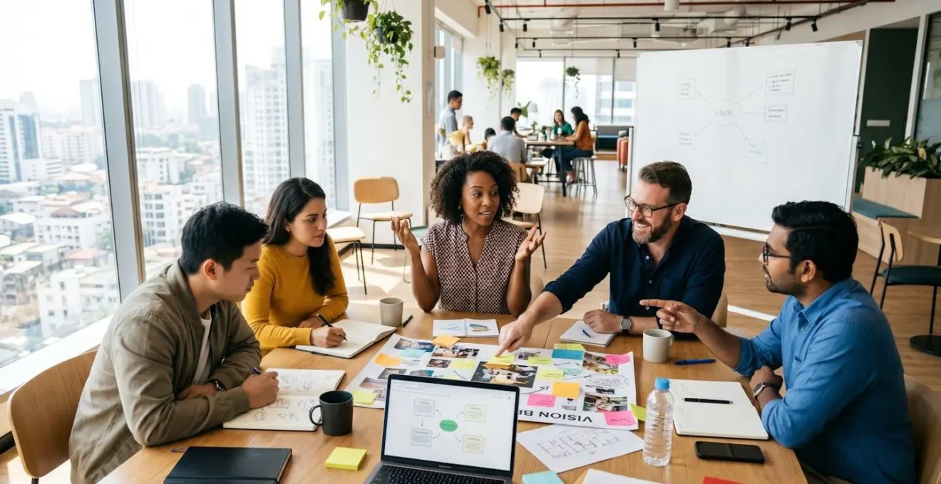 Espace de travail ouvert et lumineux avec une équipe diverse en discussion créative, symbolisant la collaboration sur une vision partagée.