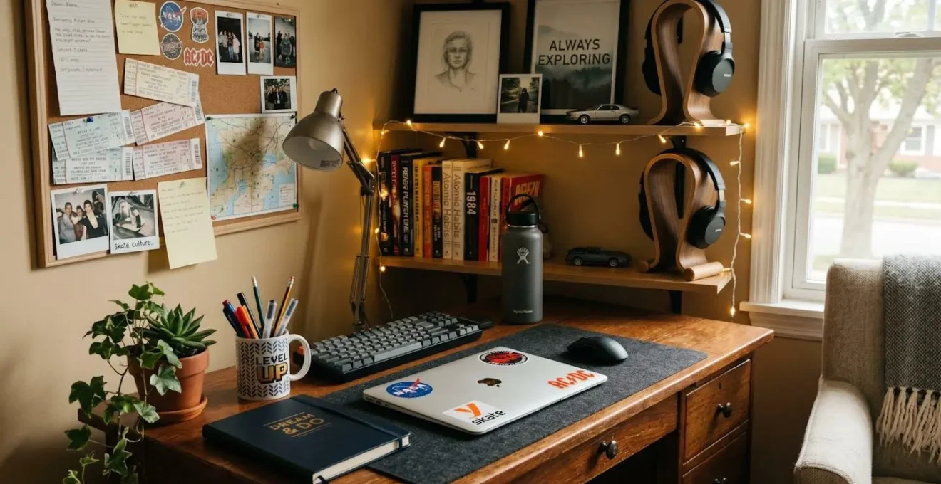 Vue environnementale d'un bureau d'adolescent avec ordinateur fermé, suggérant un espace personnel respecté