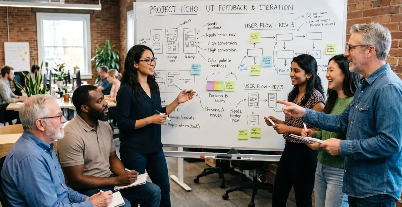 Équipe multigénérationnelle en session de feedback collaboratif autour d'un tableau blanc