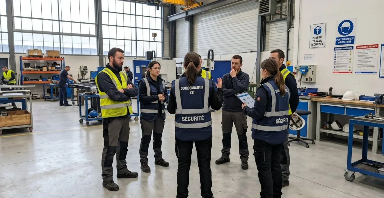 Un formateur HSE vu de dos présente des consignes de sécurité à un petit groupe d'ouvriers attentifs dans un atelier industriel moderne éclairé naturellement