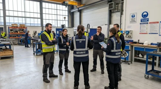 Un formateur HSE vu de dos présente des consignes de sécurité à un petit groupe d'ouvriers attentifs dans un atelier industriel moderne éclairé naturellement