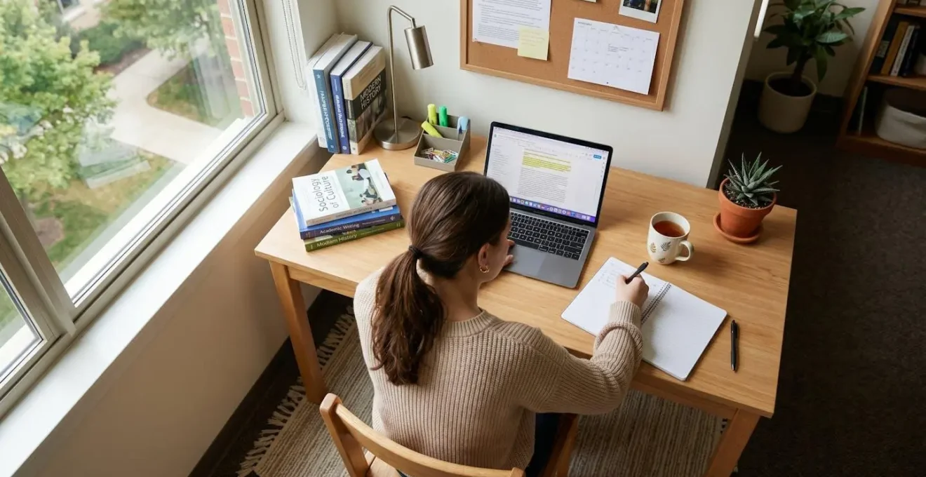 Espace de travail épuré avec personne étudiant, vue d'ensemble montrant un environnement calme et organisé