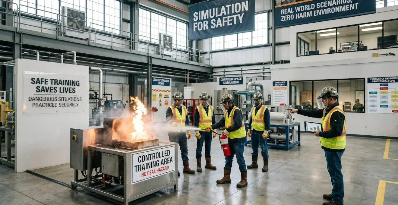 Environnement industriel avec éléments symbolisant la formation sécurisée aux situations dangereuses