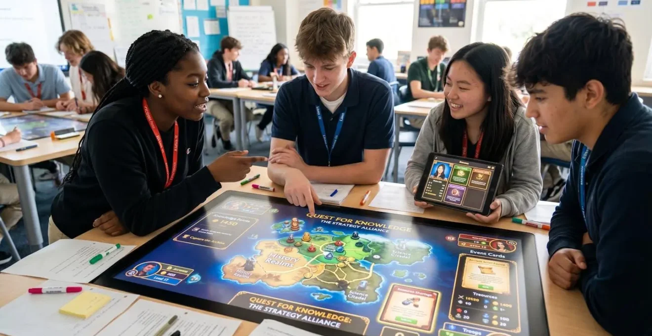 Élèves engagés dans une activité d'apprentissage gamifiée avec éléments de stratégie