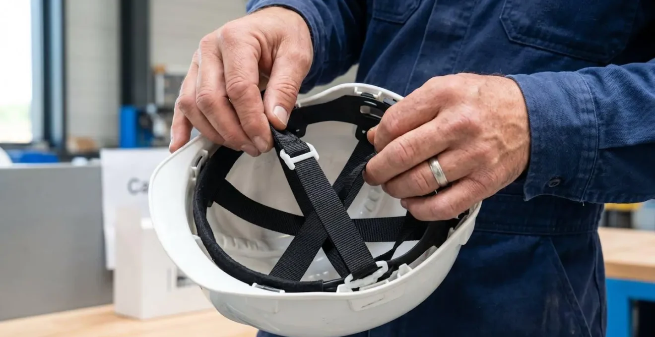 Gros plan sur les mains d'une ouvrière inspectant minutieusement un casque de sécurité avec l'arrière-plan d'un atelier moderne flouté