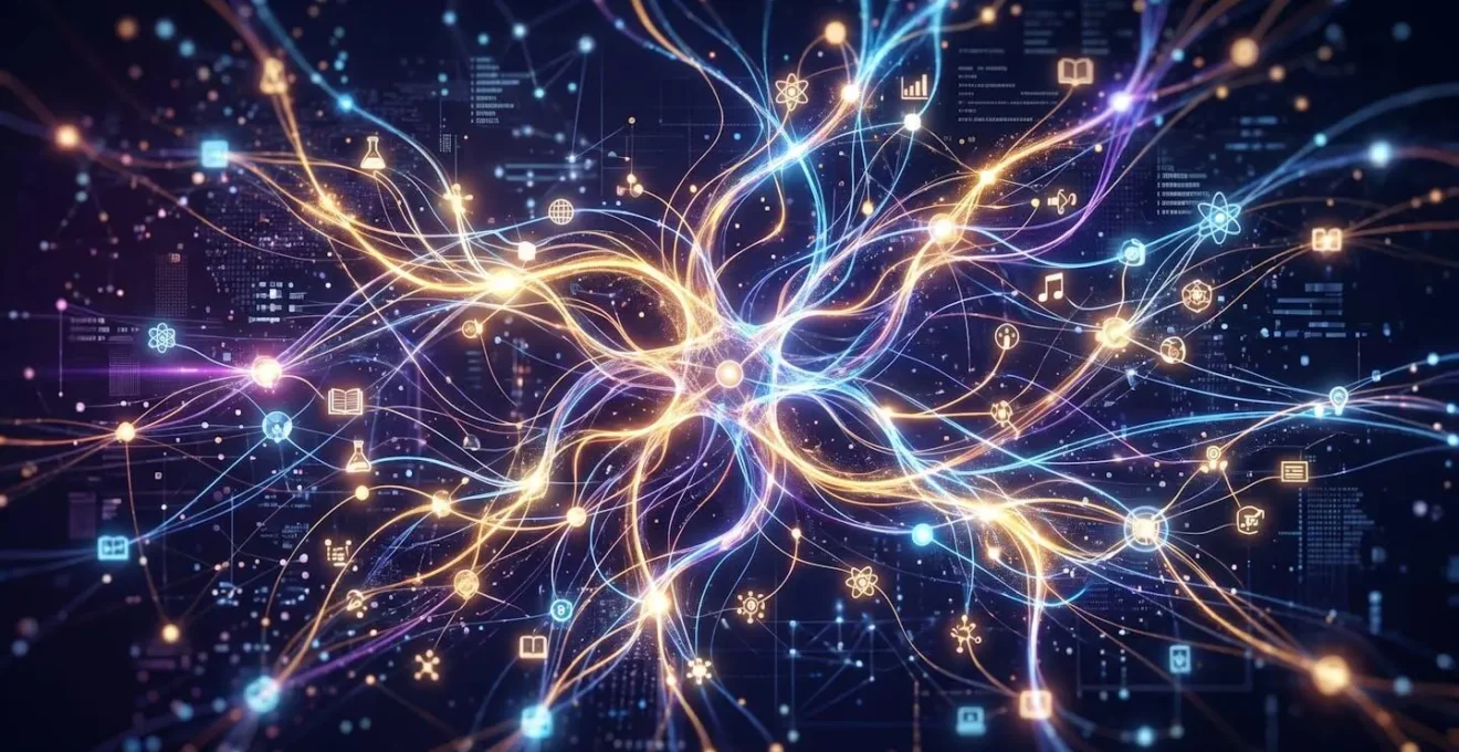 Représentation abstraite d'un réseau neuronal lumineux connectant différents points d'information