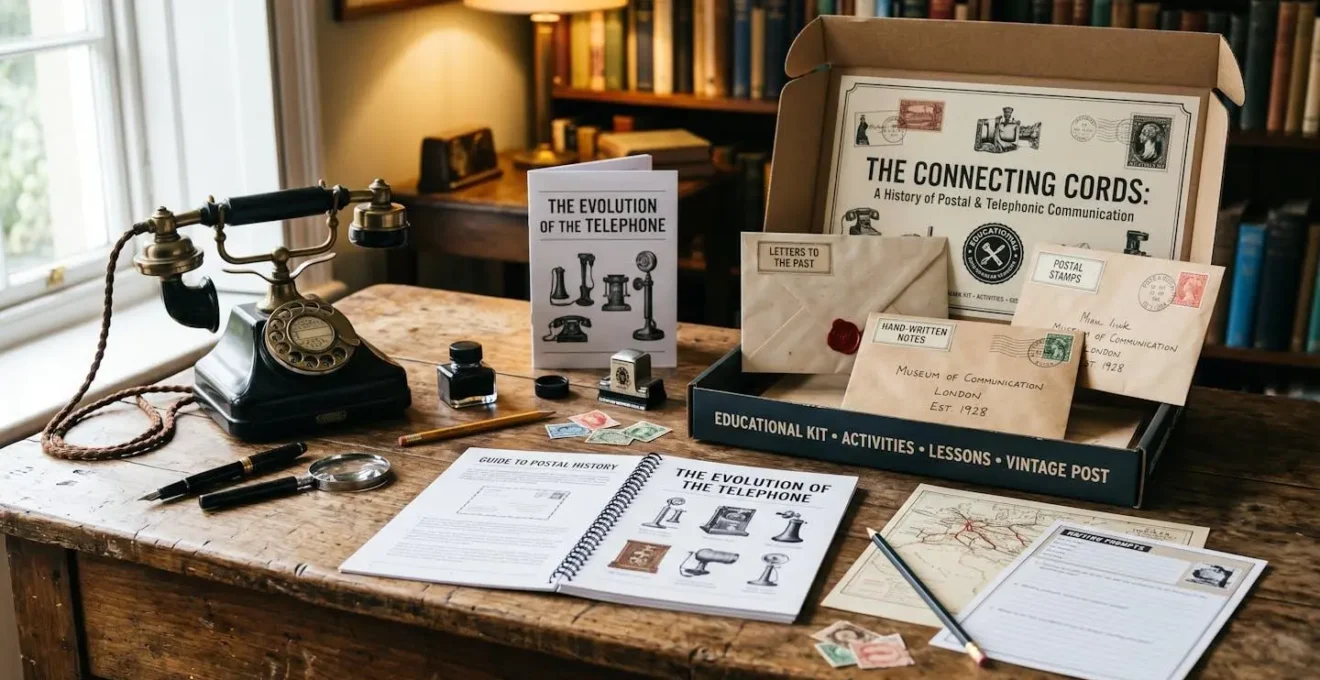 Kit pédagogique postal avec enveloppes, matériel éducatif et téléphone vintage sur table en bois
