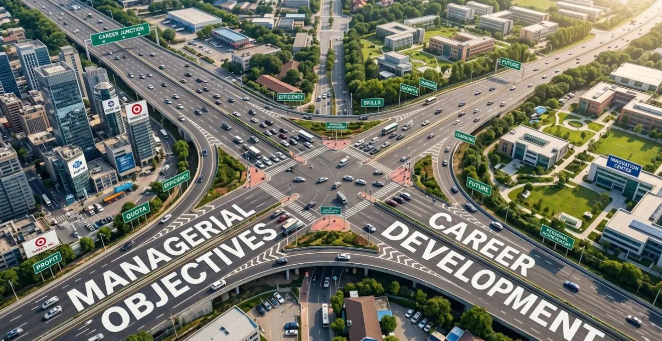 Vue aérienne d'un carrefour routier symbolisant les chemins divergents entre objectifs managériaux et développement de carrière