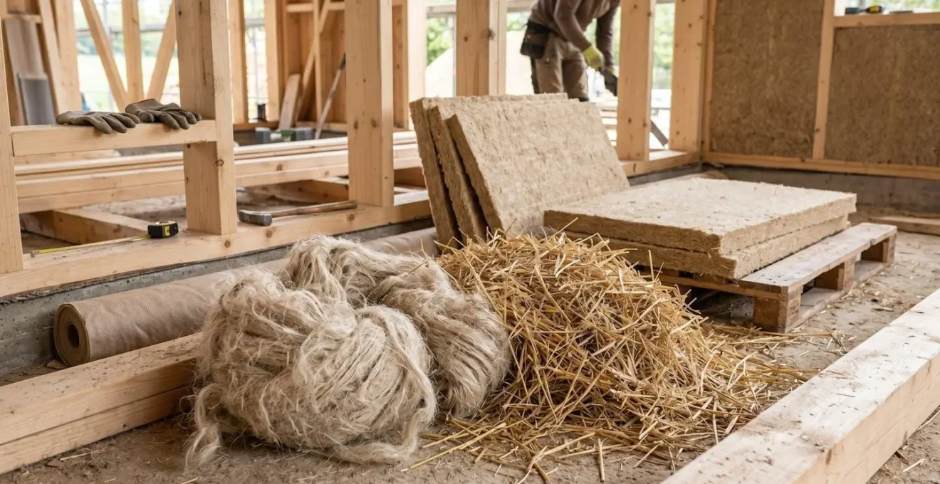 Détail de matériaux biosourcés sur chantier : fibres de chanvre, bois et paille pour isolation écologique