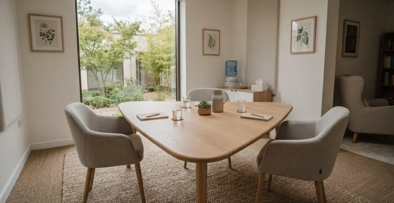 Espace de médiation neutre avec disposition en triangle pour faciliter le dialogue