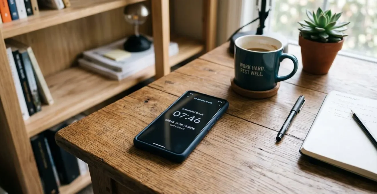 Téléphone retourné sur un bureau avec chronomètre indiquant une pause programmée