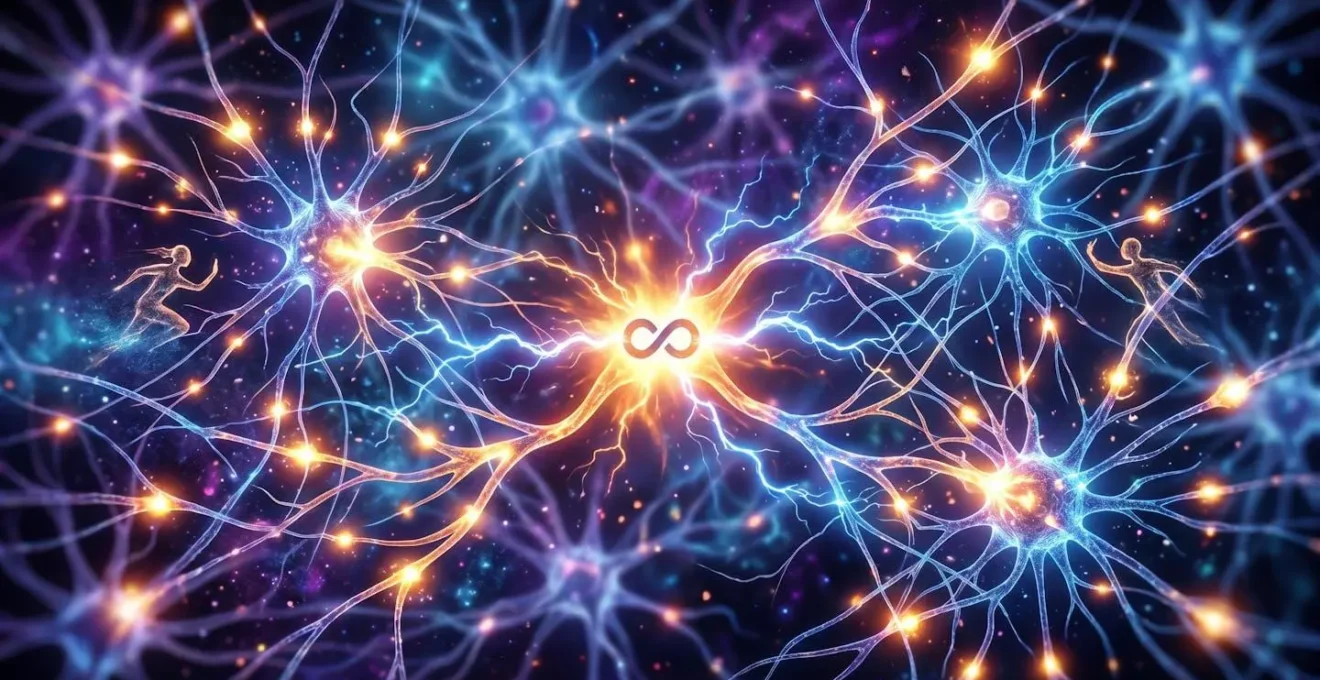 Vue macro d'une connexion synaptique abstraite représentant l'activation des neurones miroirs